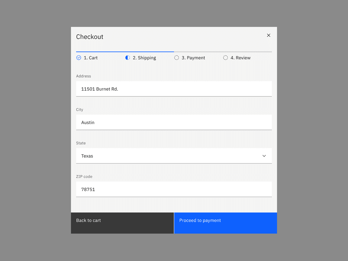 Example of a progress indicator used in a payment UI