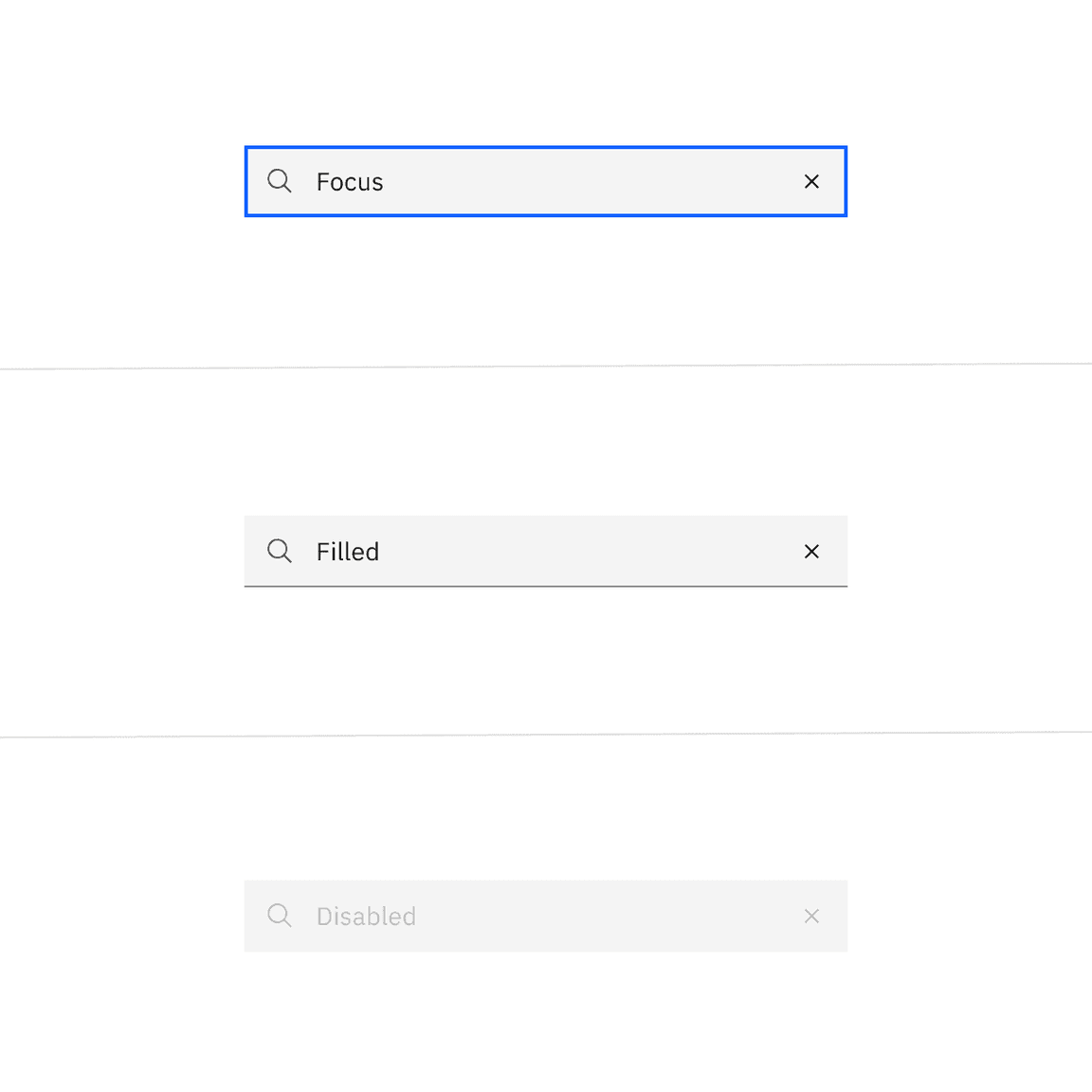 Examples of focus, filled, and disabled search states