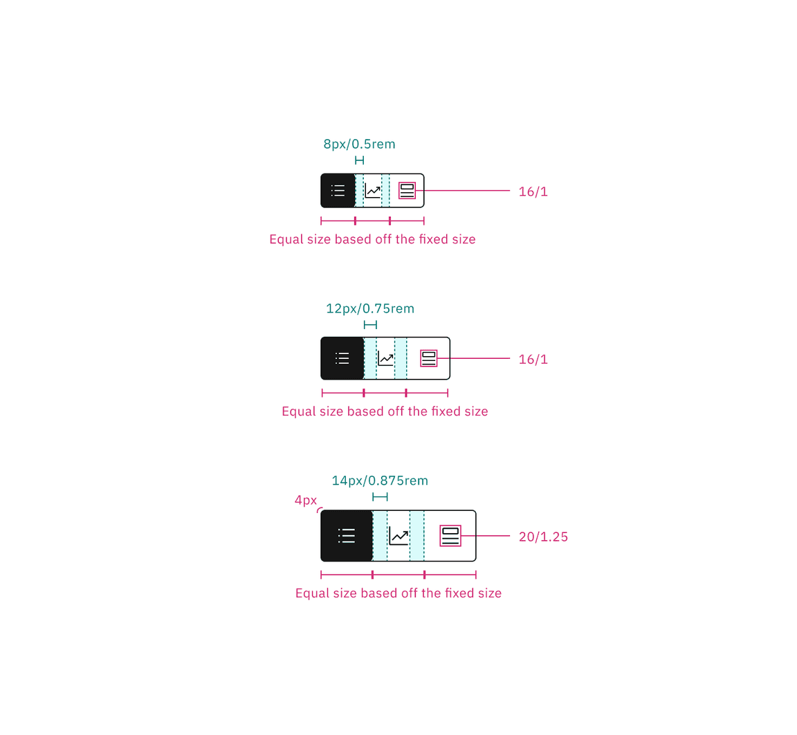 Icon content switcher structure and spacing measurements