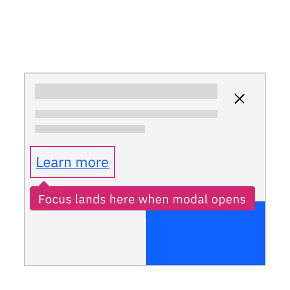 annotation on link says 'focus lands here when modal opens'