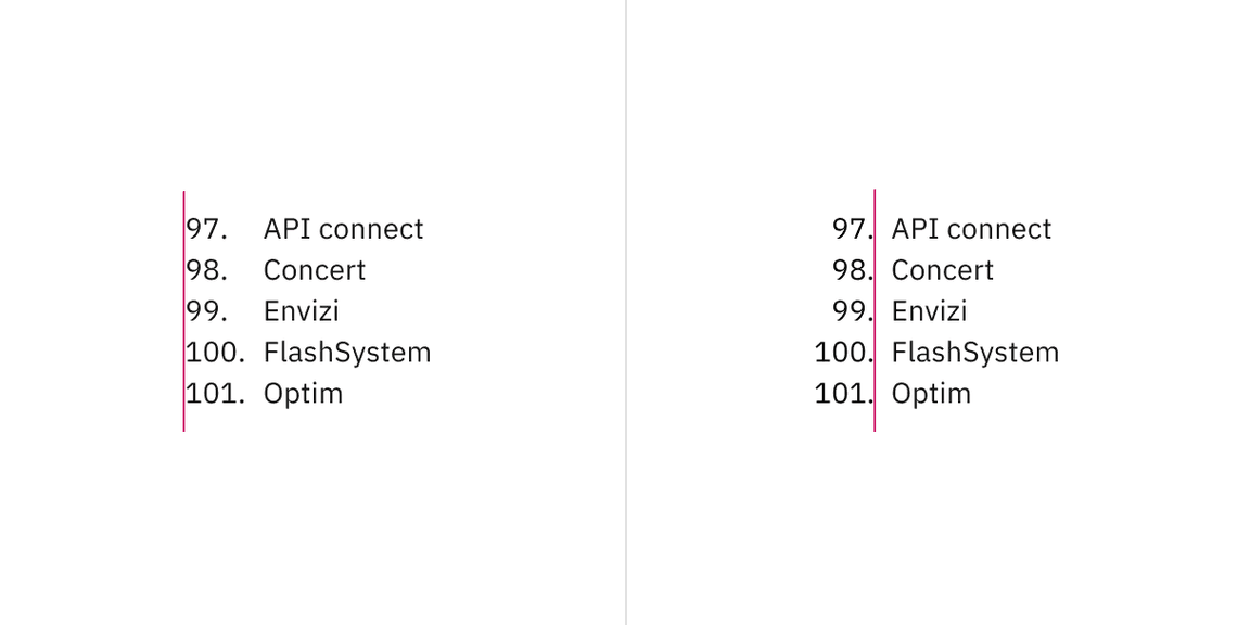Number alignment in ordered lists for two or more digit items.